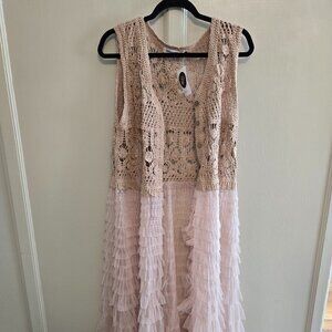 Origami by Vivien | Cream Tunic with Crocheted Top & Sheer Ruffled Bottom | S/M